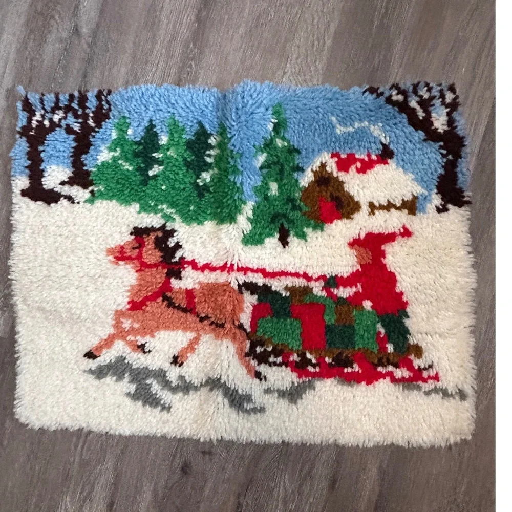 Vintage Handmade Latch Hook Rug Winter Sleigh Horse Scene Christmas Wall Hanging